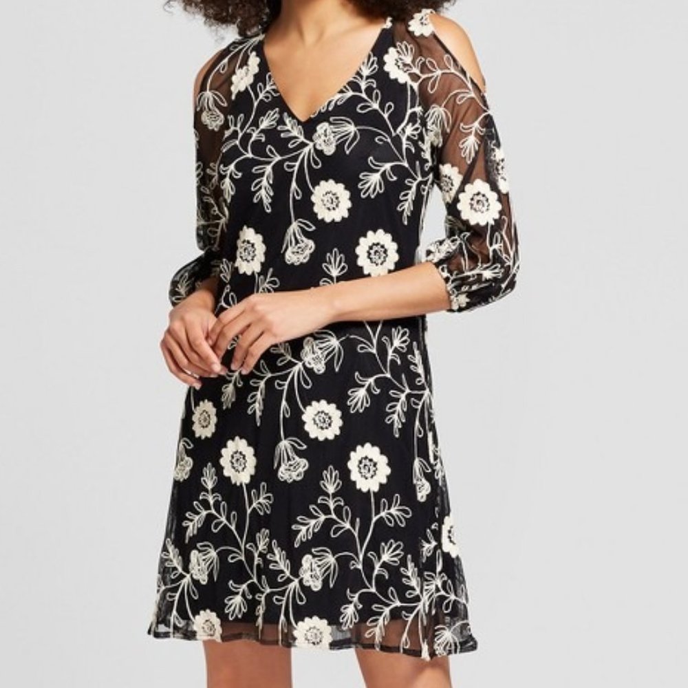 Floral Embroidered Mesh Cold Shoulder 3/4 Sleeve Black Mini Dress Coquette Sexy